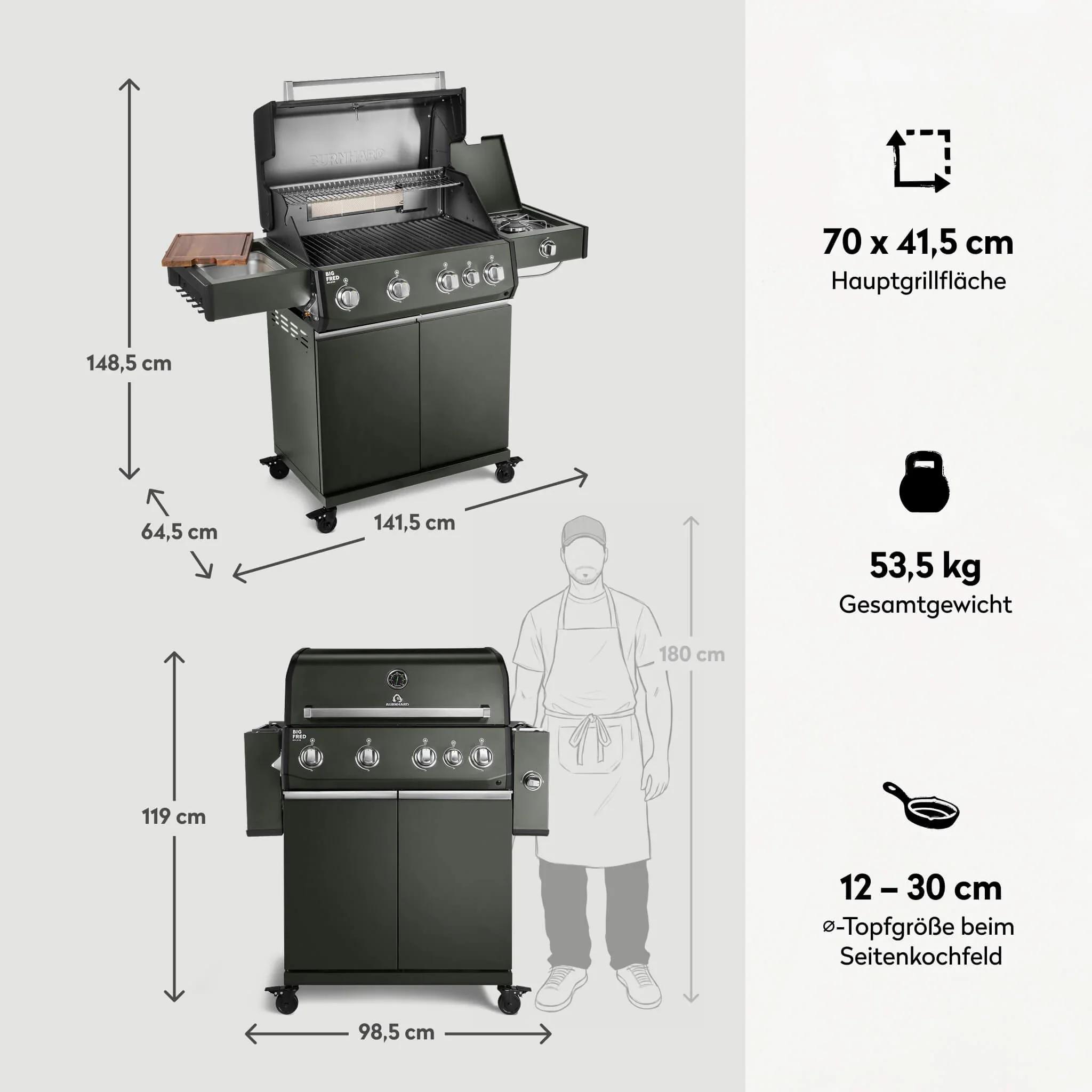 Burnhard Big FRED Deluxe Gasgrill Green Edition 4-Brenner mit Gusseisenrost 4